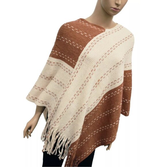 Two-Tone Knit Stripe Poncho with Fringe - Picture 3 of 6